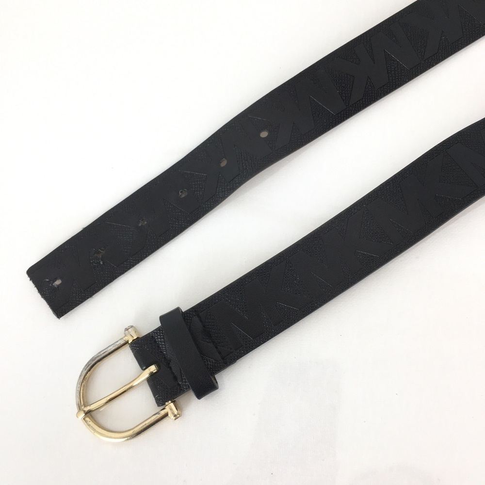 Michael Kors Black Leather Monogram Belt Gold Tone Metal Horseshoe Buckle Size S - Picture 3 of 10